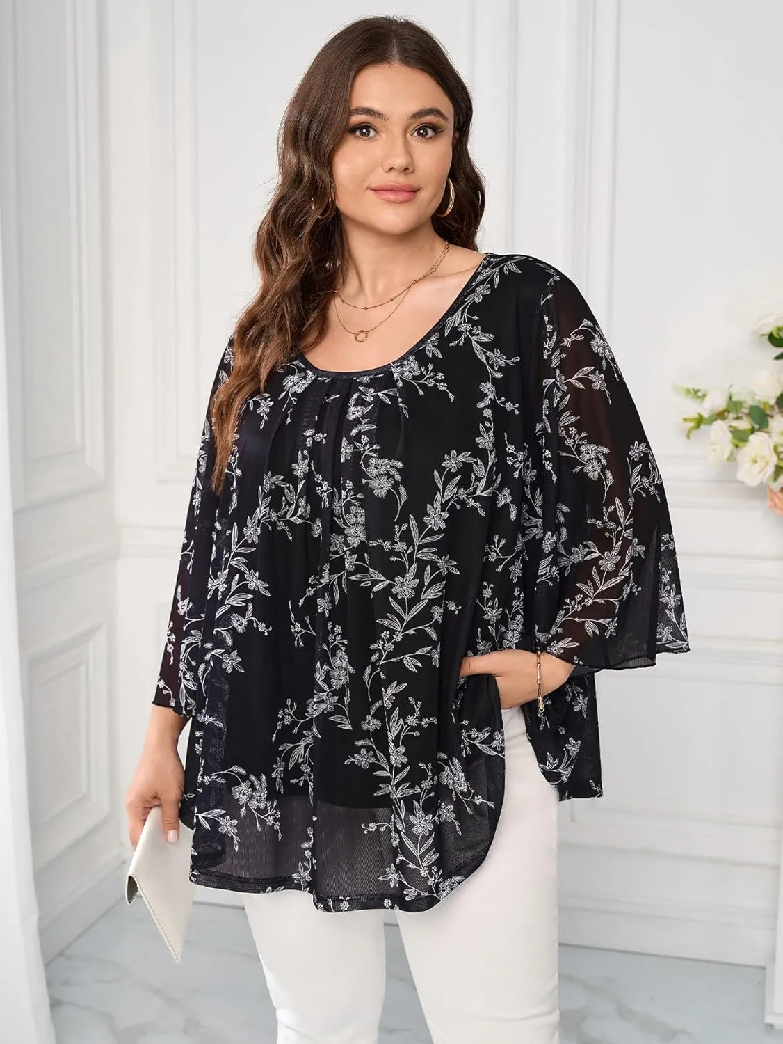 Womens Plus Size Casual Tops Floral Pleated Crewneck Flutter 3/4 Sleeve Mesh Double Layers Flowy Blouse Shirt