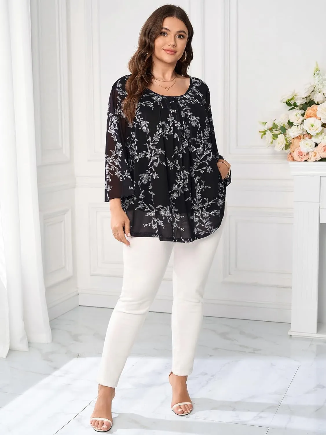 Womens Plus Size Casual Tops Floral Pleated Crewneck Flutter 3/4 Sleeve Mesh Double Layers Flowy Blouse Shirt