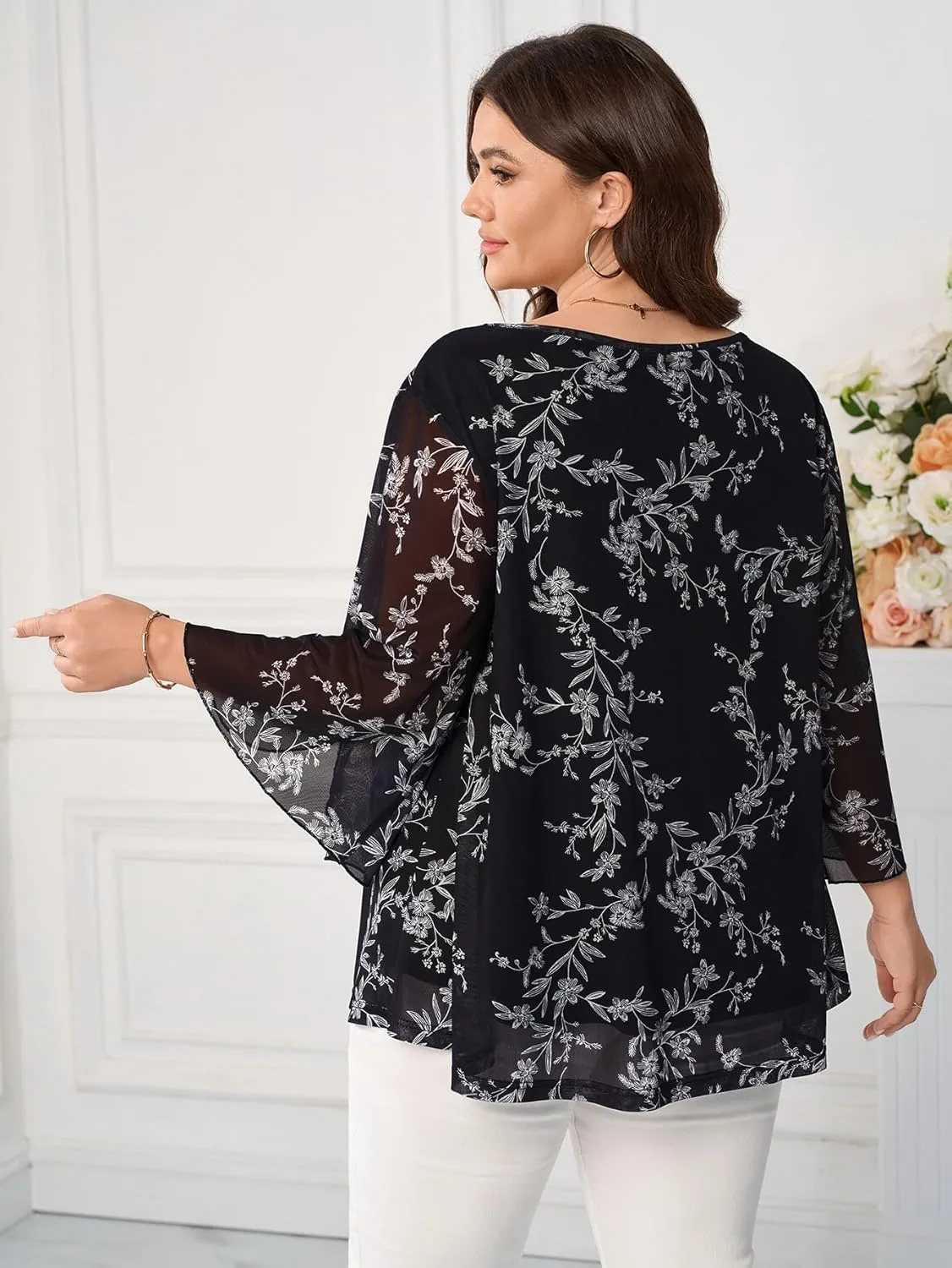 Womens Plus Size Casual Tops Floral Pleated Crewneck Flutter 3/4 Sleeve Mesh Double Layers Flowy Blouse Shirt