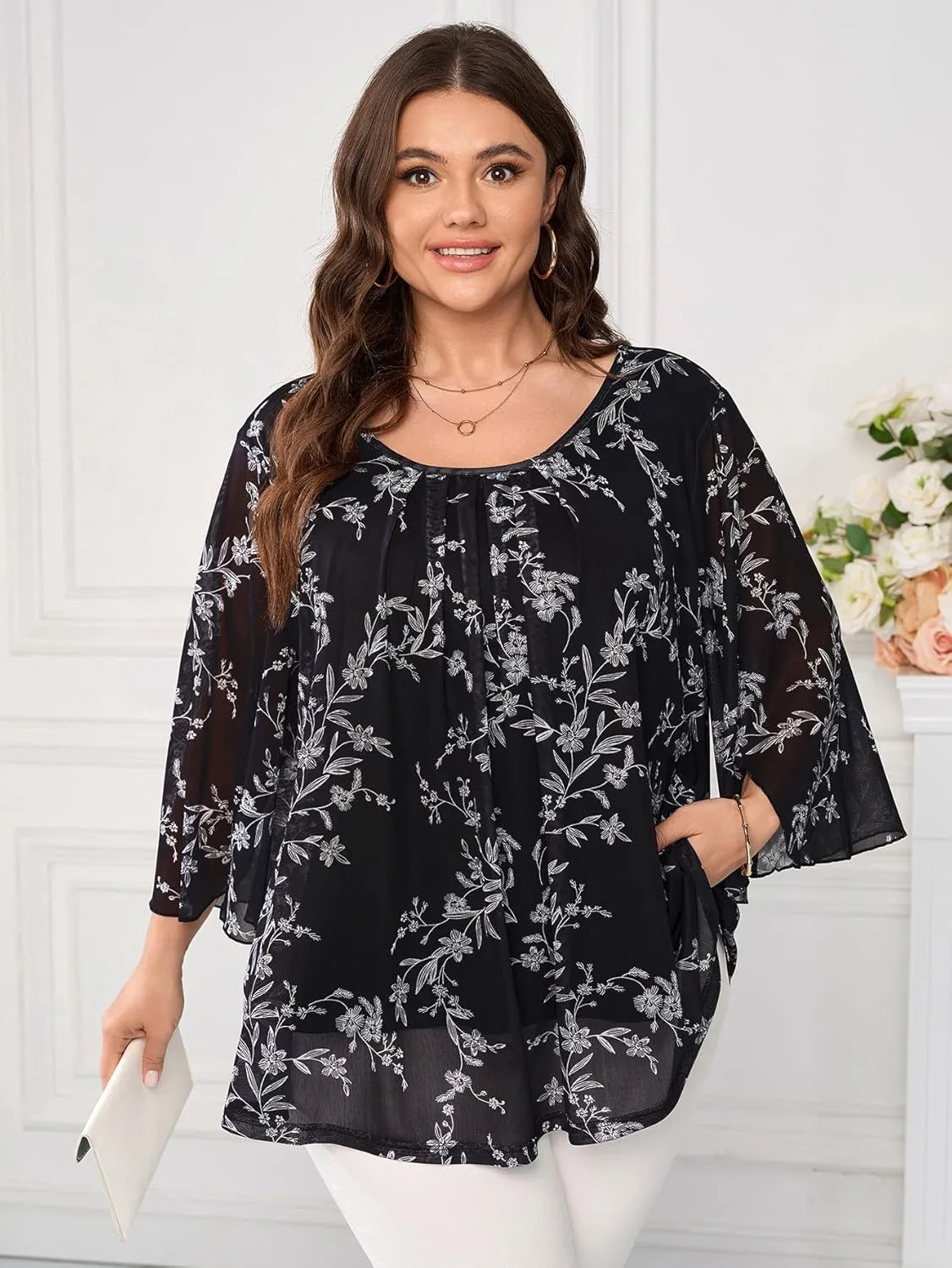 Womens Plus Size Casual Tops Floral Pleated Crewneck Flutter 3/4 Sleeve Mesh Double Layers Flowy Blouse Shirt