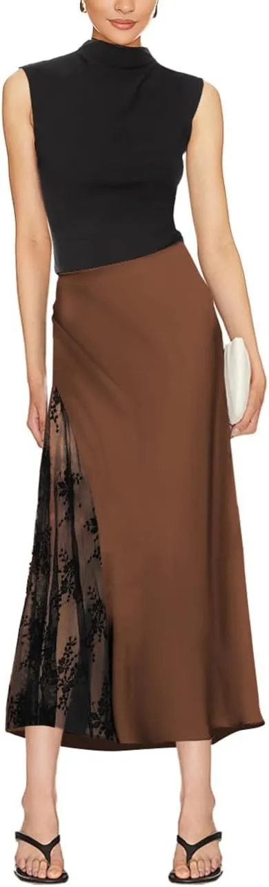 Women's Satin Silk Skirts A Line Flowy Ruffle Floral Lace Splicing Cocktail Party Maxi Long Skirt