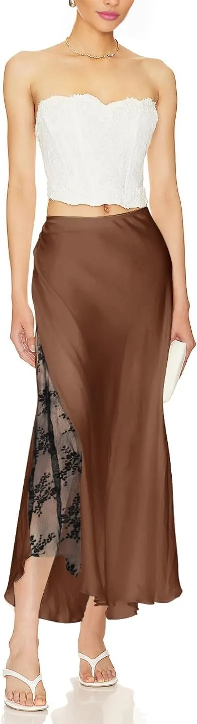 Women's Satin Silk Skirts A Line Flowy Ruffle Floral Lace Splicing Cocktail Party Maxi Long Skirt