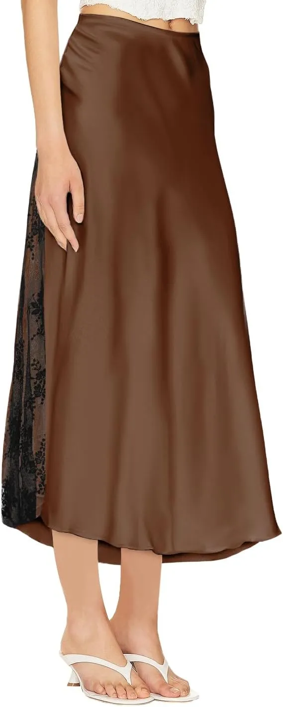 Women's Satin Silk Skirts A Line Flowy Ruffle Floral Lace Splicing Cocktail Party Maxi Long Skirt