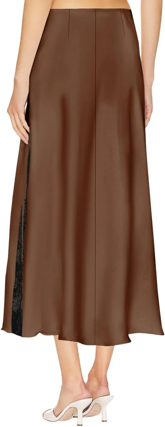 Women's Satin Silk Skirts A Line Flowy Ruffle Floral Lace Splicing Cocktail Party Maxi Long Skirt