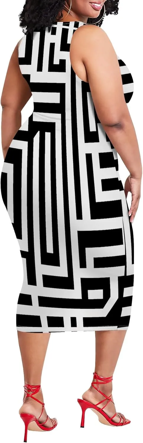 Women's Summer Pencil Sleeveless Round Neck Sexy Tank Top Tight Wrap African Style Printed Fashion Party Dress