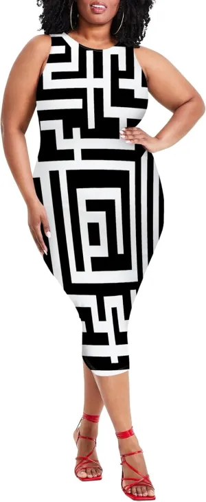 Women's Summer Pencil Sleeveless Round Neck Sexy Tank Top Tight Wrap African Style Printed Fashion Party Dress