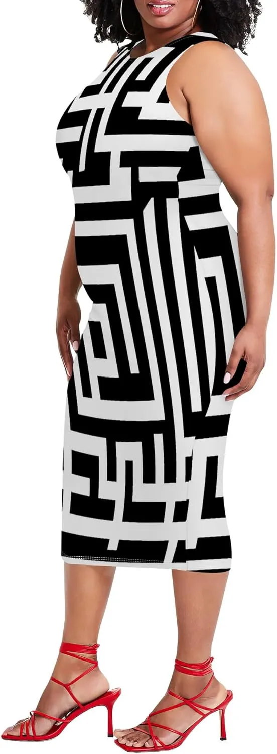 Women's Summer Pencil Sleeveless Round Neck Sexy Tank Top Tight Wrap African Style Printed Fashion Party Dress