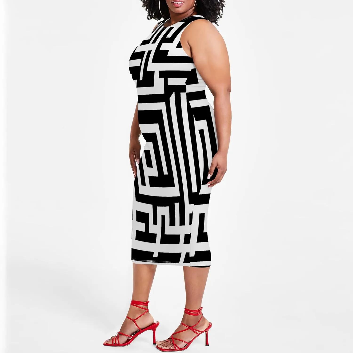 Women's Summer Pencil Sleeveless Round Neck Sexy Tank Top Tight Wrap African Style Printed Fashion Party Dress