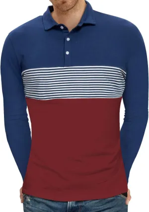 YTD Men's Short Sleeve Polo Shirts Casual Slim Fit Contrast Color Stitching Stripe Cotton Shirts