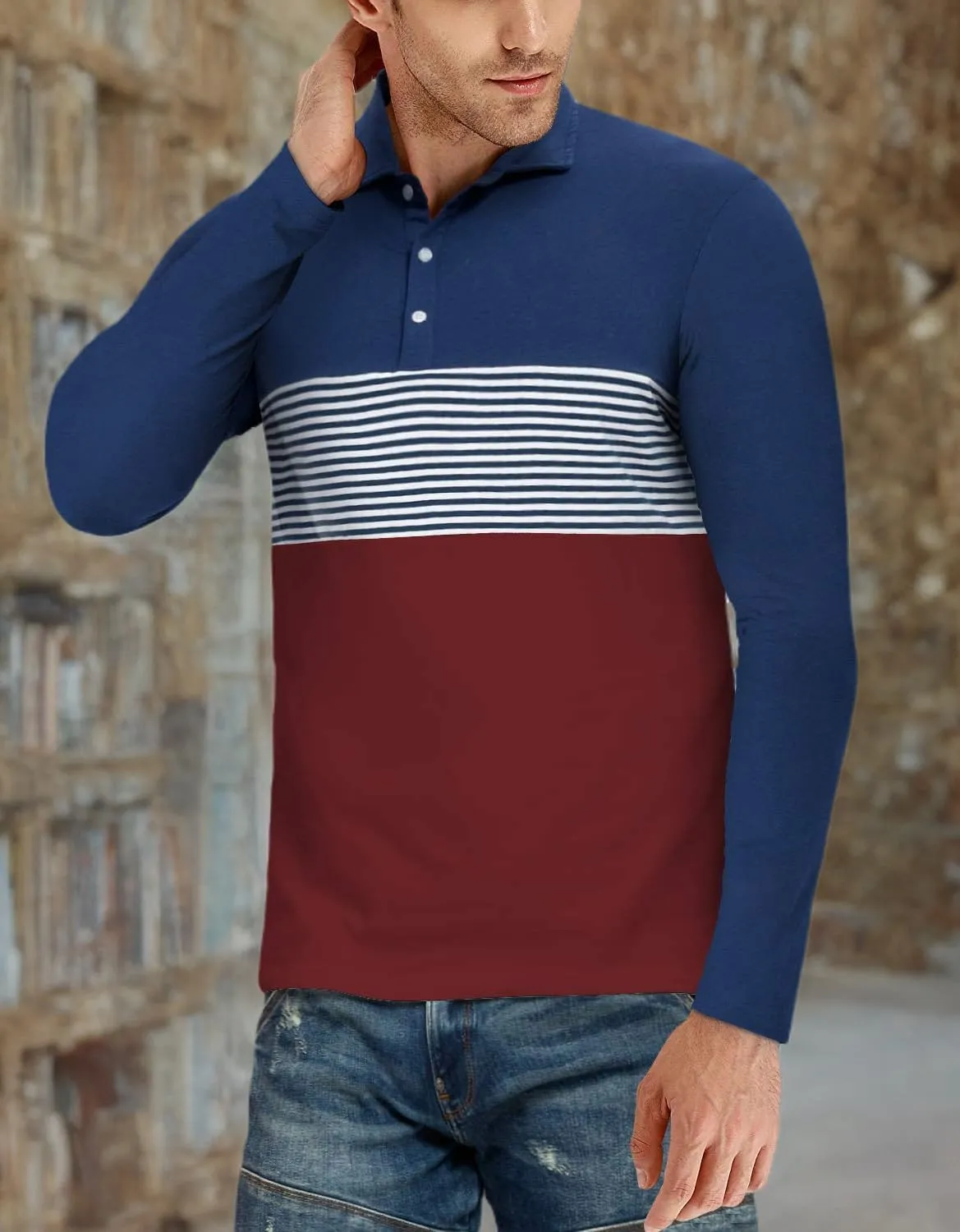 YTD Men's Short Sleeve Polo Shirts Casual Slim Fit Contrast Color Stitching Stripe Cotton Shirts