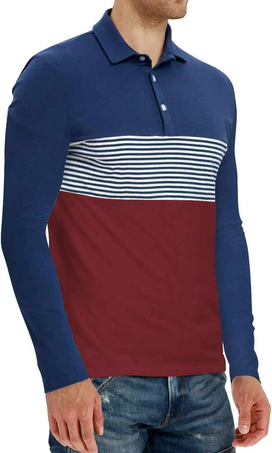 YTD Men's Short Sleeve Polo Shirts Casual Slim Fit Contrast Color Stitching Stripe Cotton Shirts