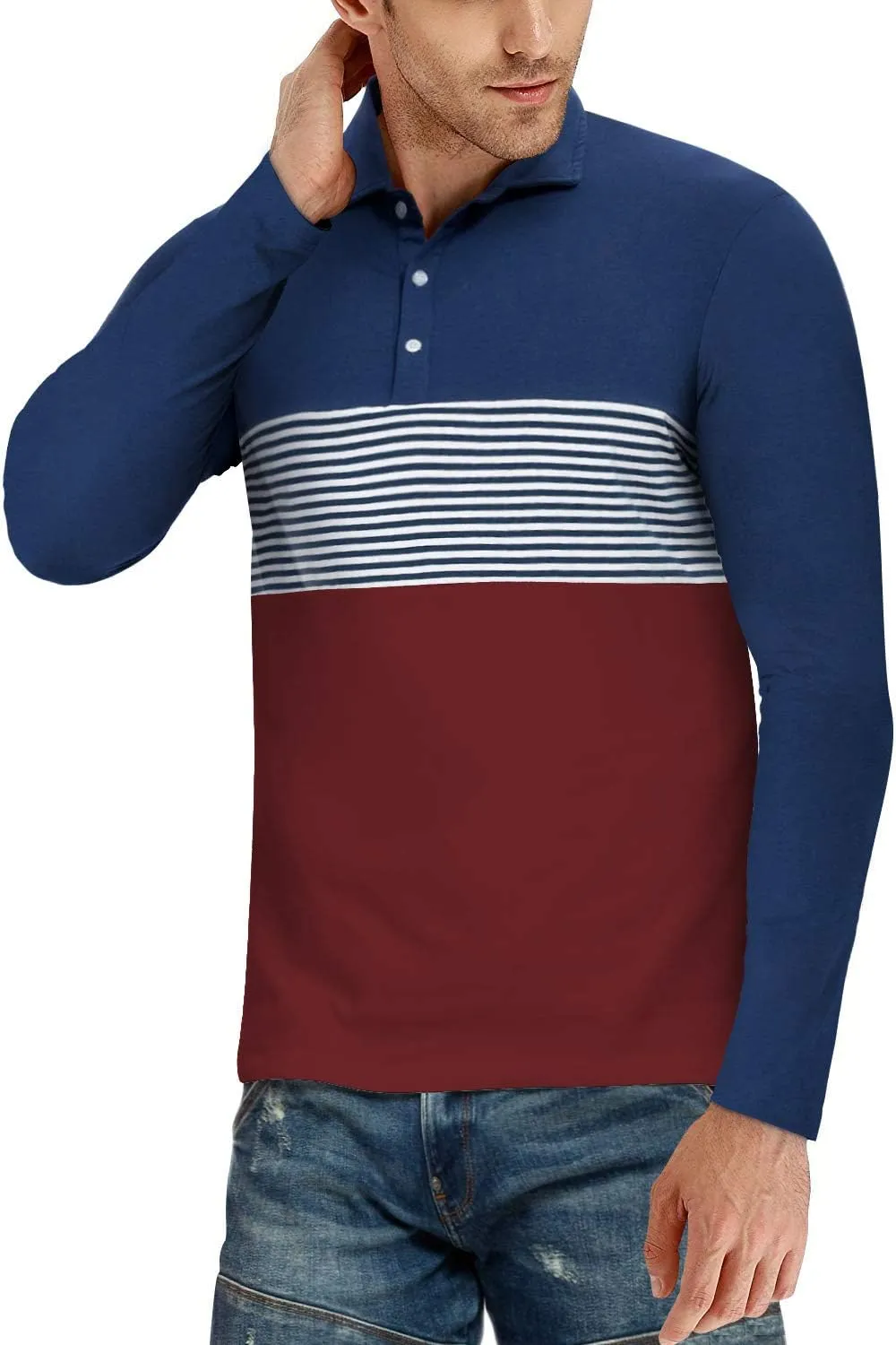 YTD Men's Short Sleeve Polo Shirts Casual Slim Fit Contrast Color Stitching Stripe Cotton Shirts